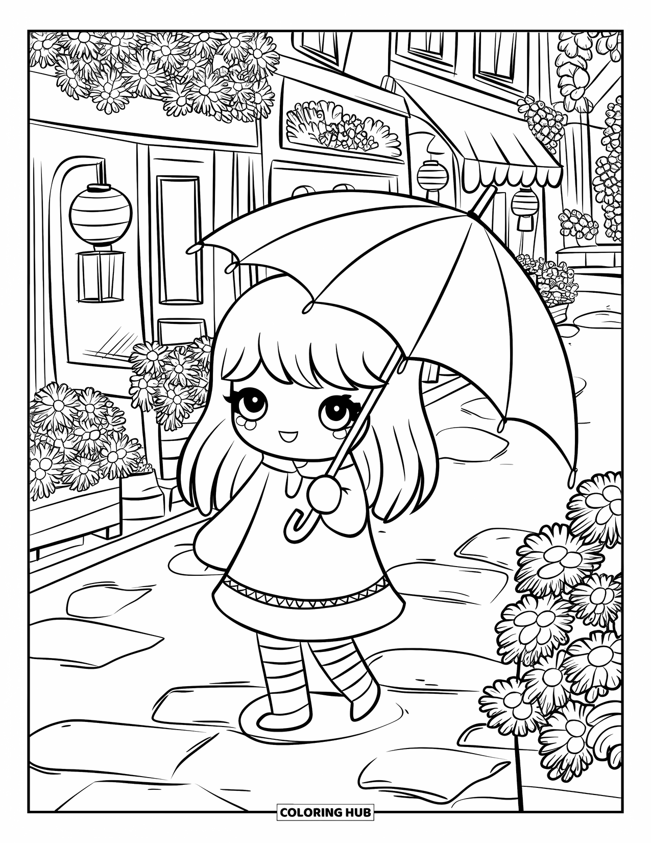 Rain Coloring Page for Adults: A kawaii chibi girl twirls her umbrella on a cobblestone street with shops
