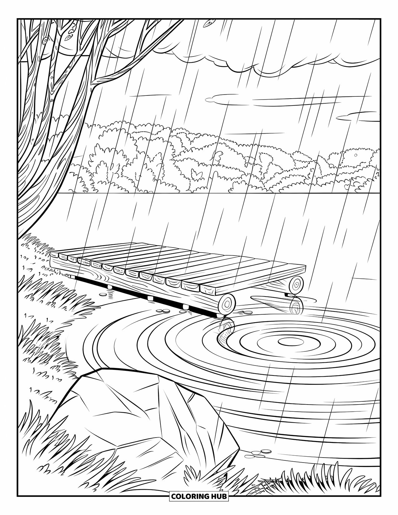 Rain Coloring Page for Adults: A lakeside dock with ripples forming as raindrops touch the calm water