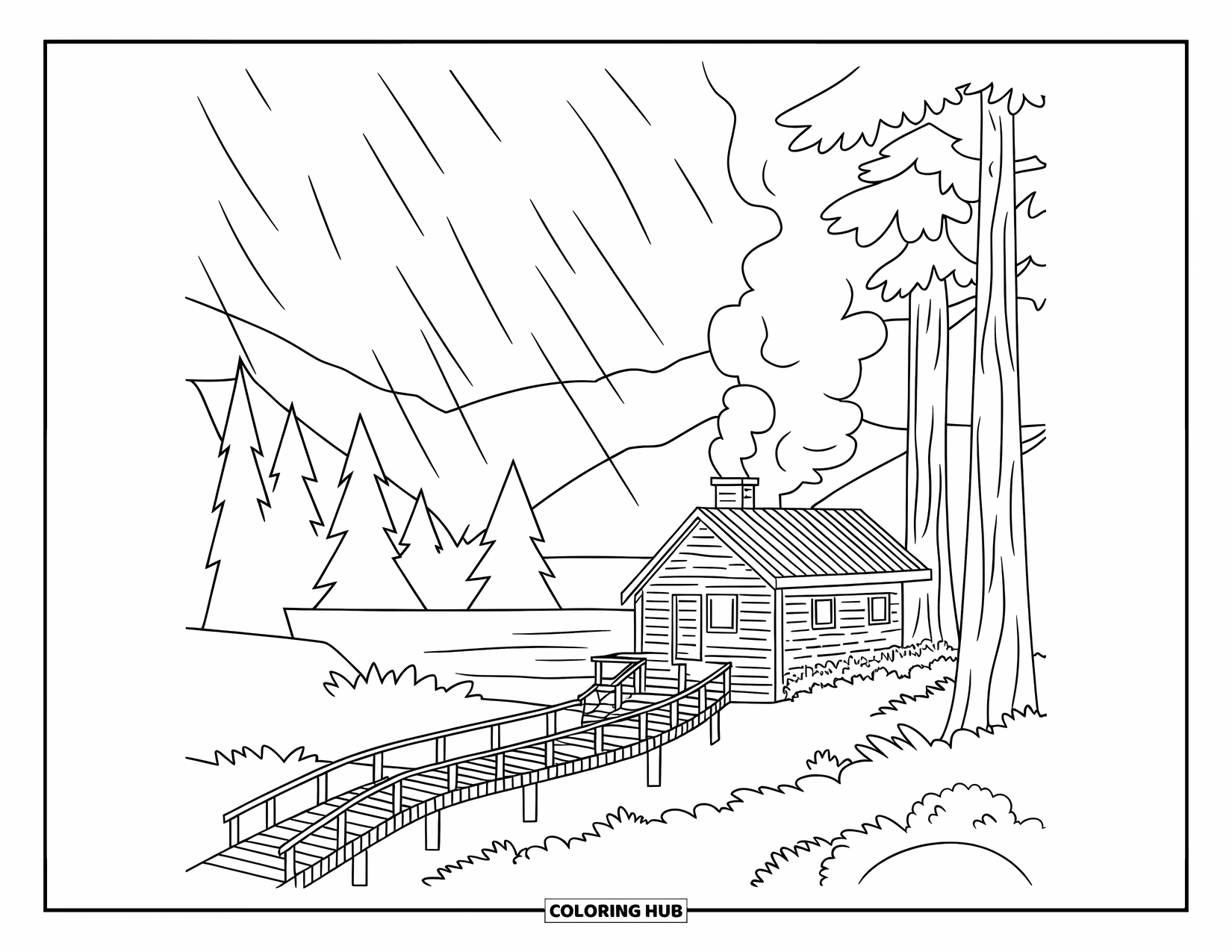 Rain Coloring Page for Adults: A peaceful cabin in the woods with rain falling near the mountains