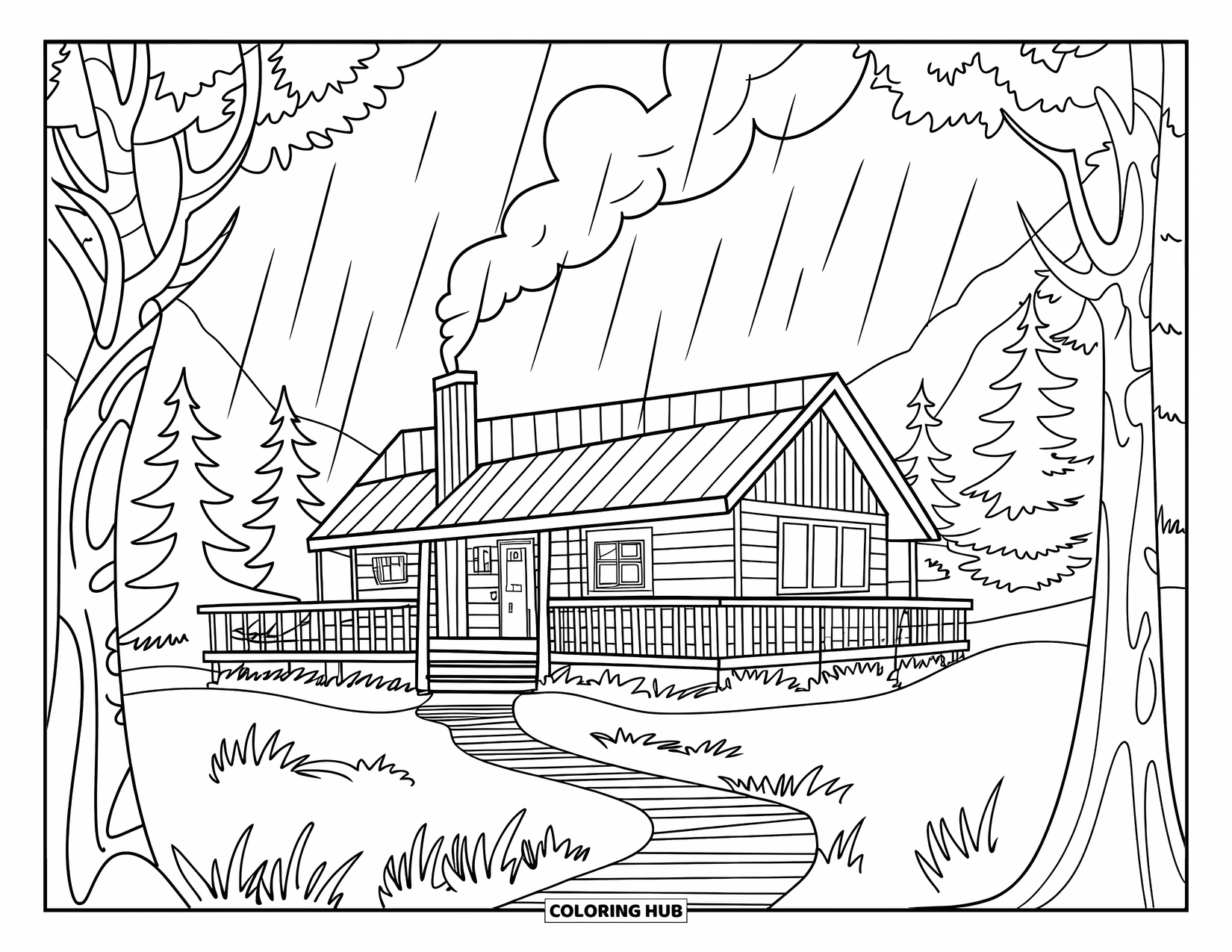Rain Coloring Page for Adults: A quiet forest cabin with a chimney and rain falling on nearby trees