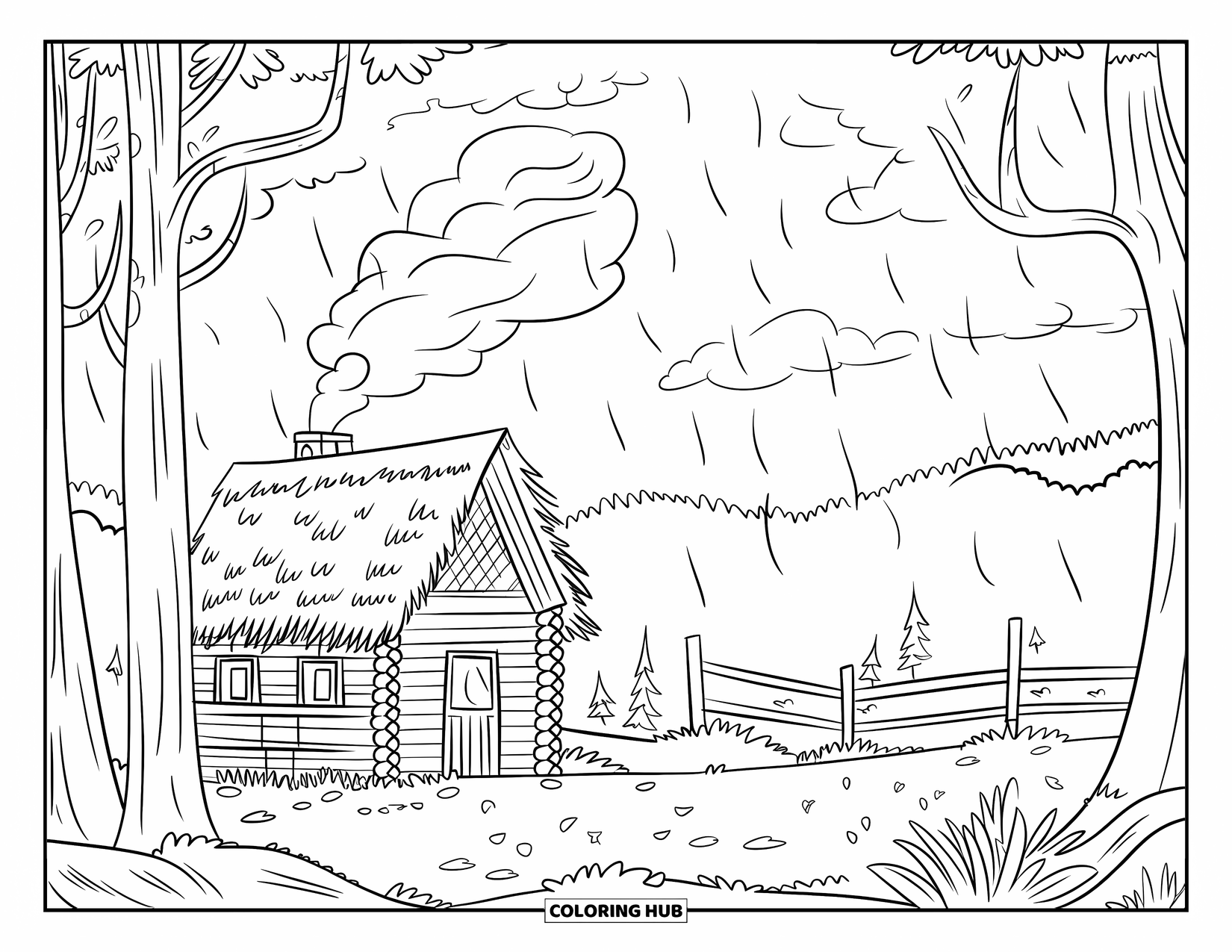 Rain Coloring Page for Adults: A rustic mountain cabin surrounded by trees and misty rain