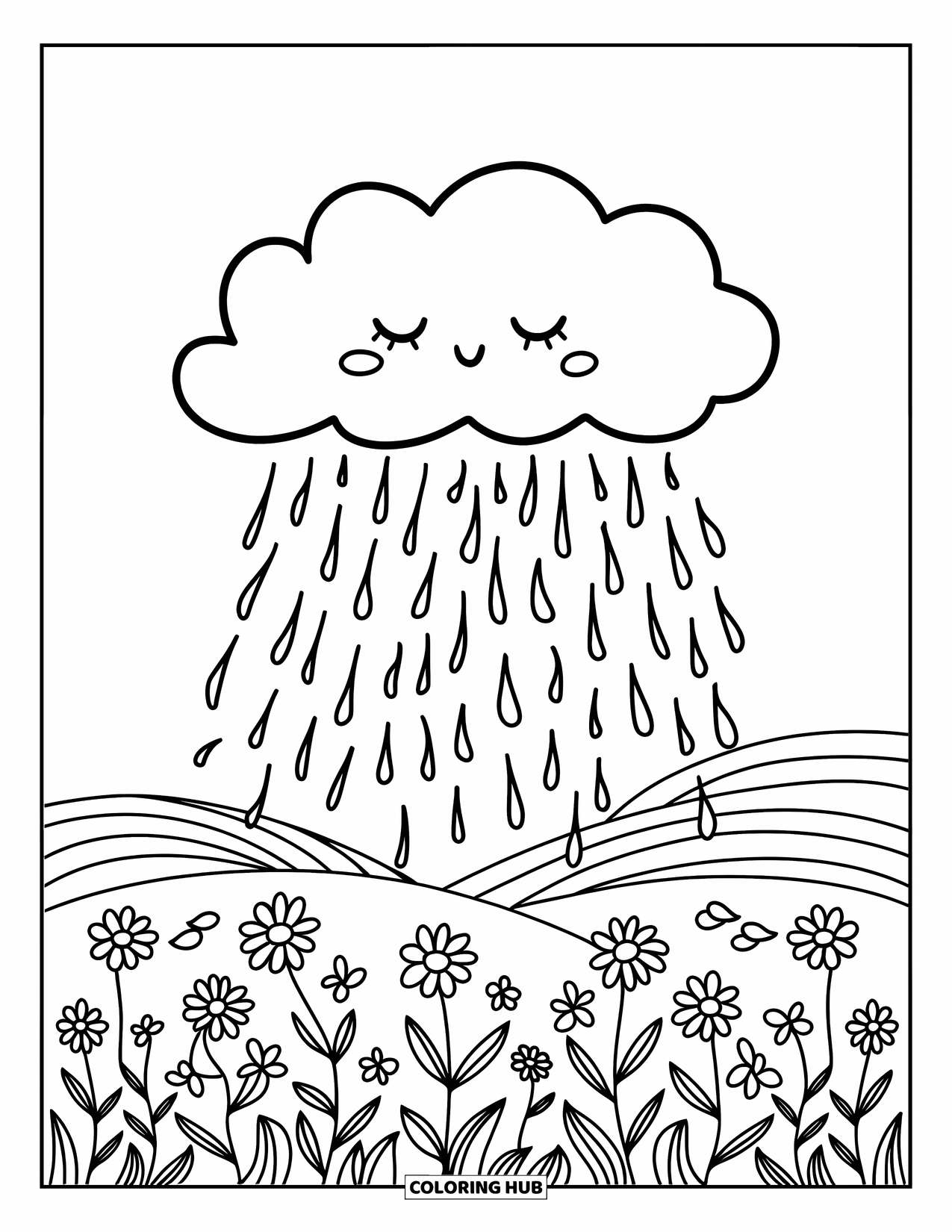 Rain Coloring Page for Adults: A sleepy cloud drizzles gently over wildflowers beneath rolling hills