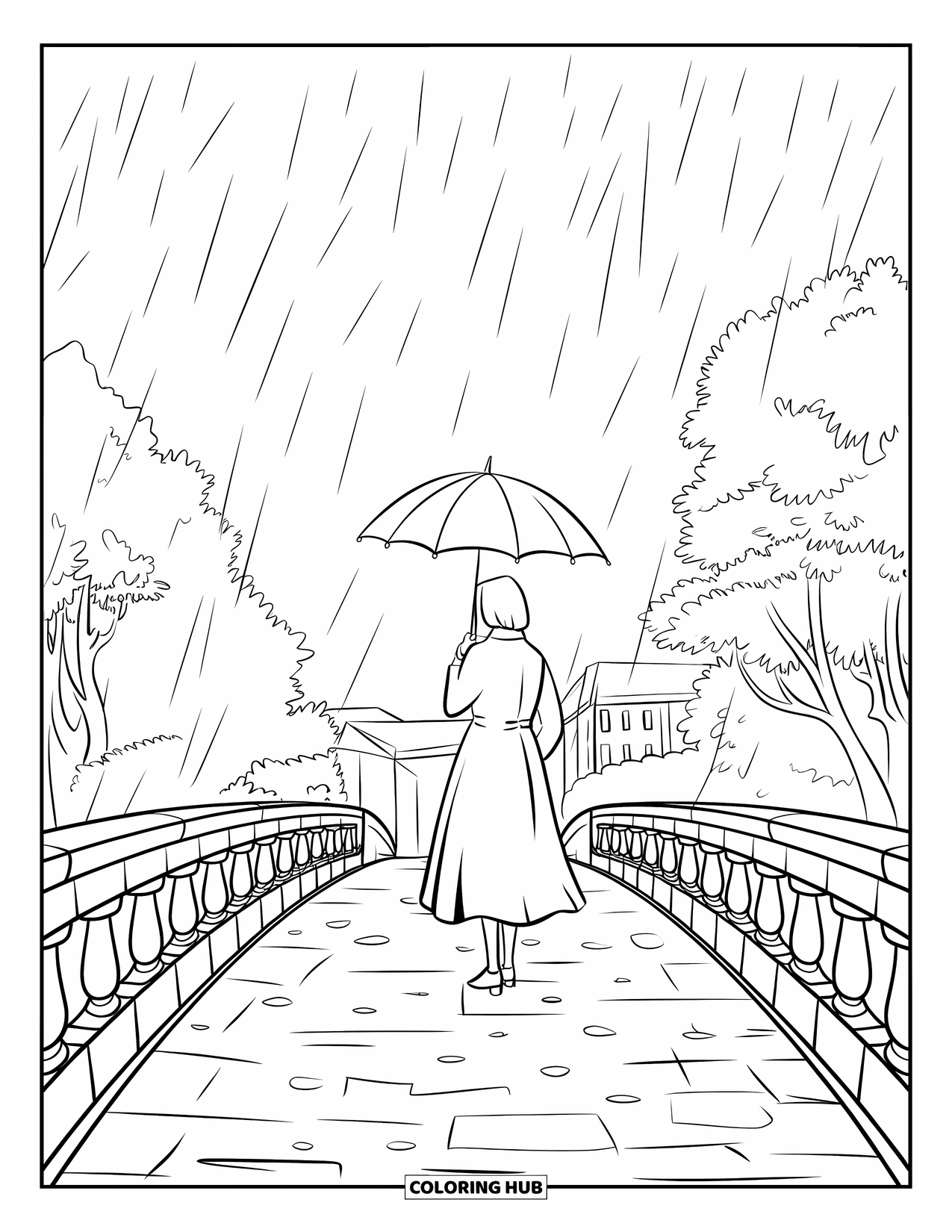 Rain Coloring Page for Adults: A woman with an umbrella stands on a stone bridge in the rain