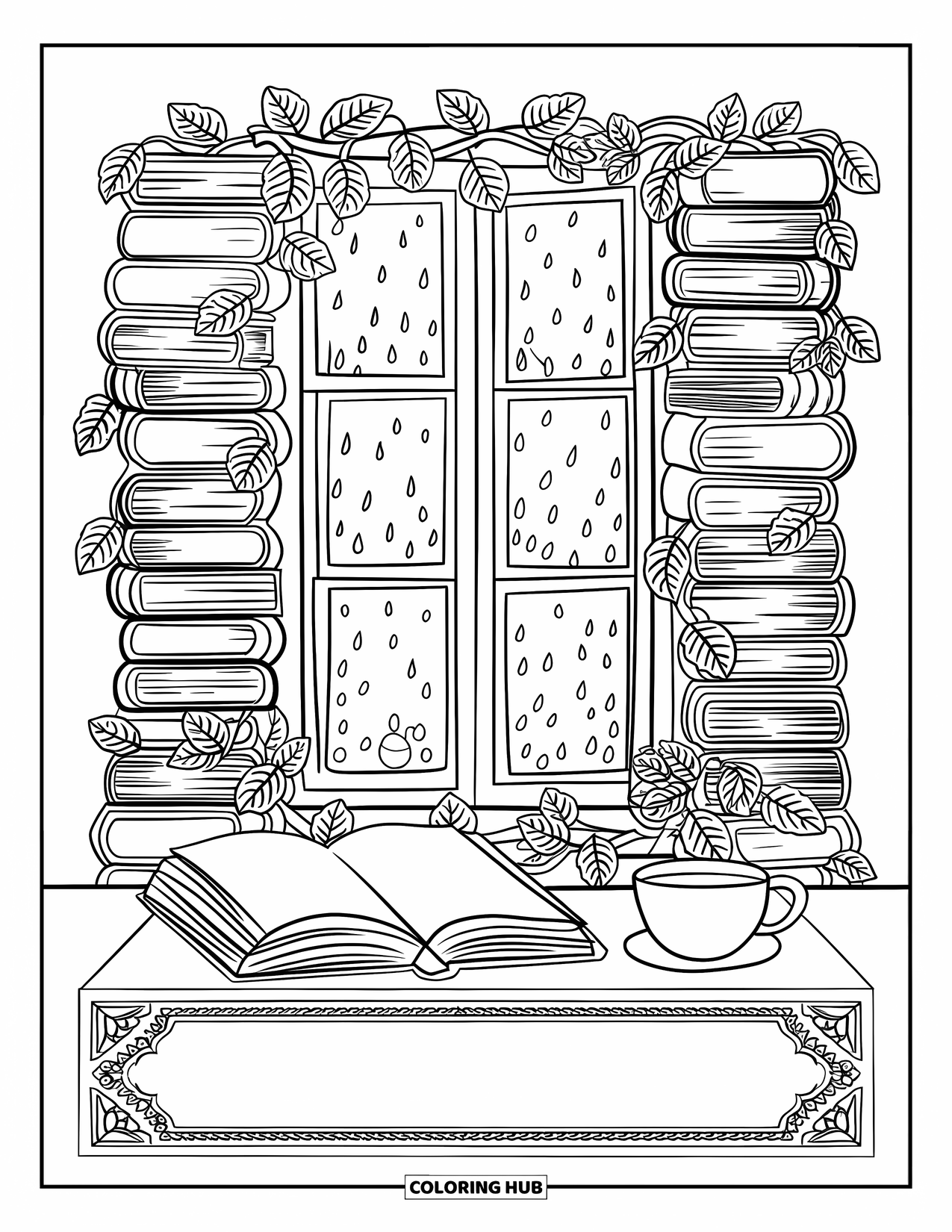 Rain Coloring Page for Adults: An open book and teacup rest by a window framed with vines and rain