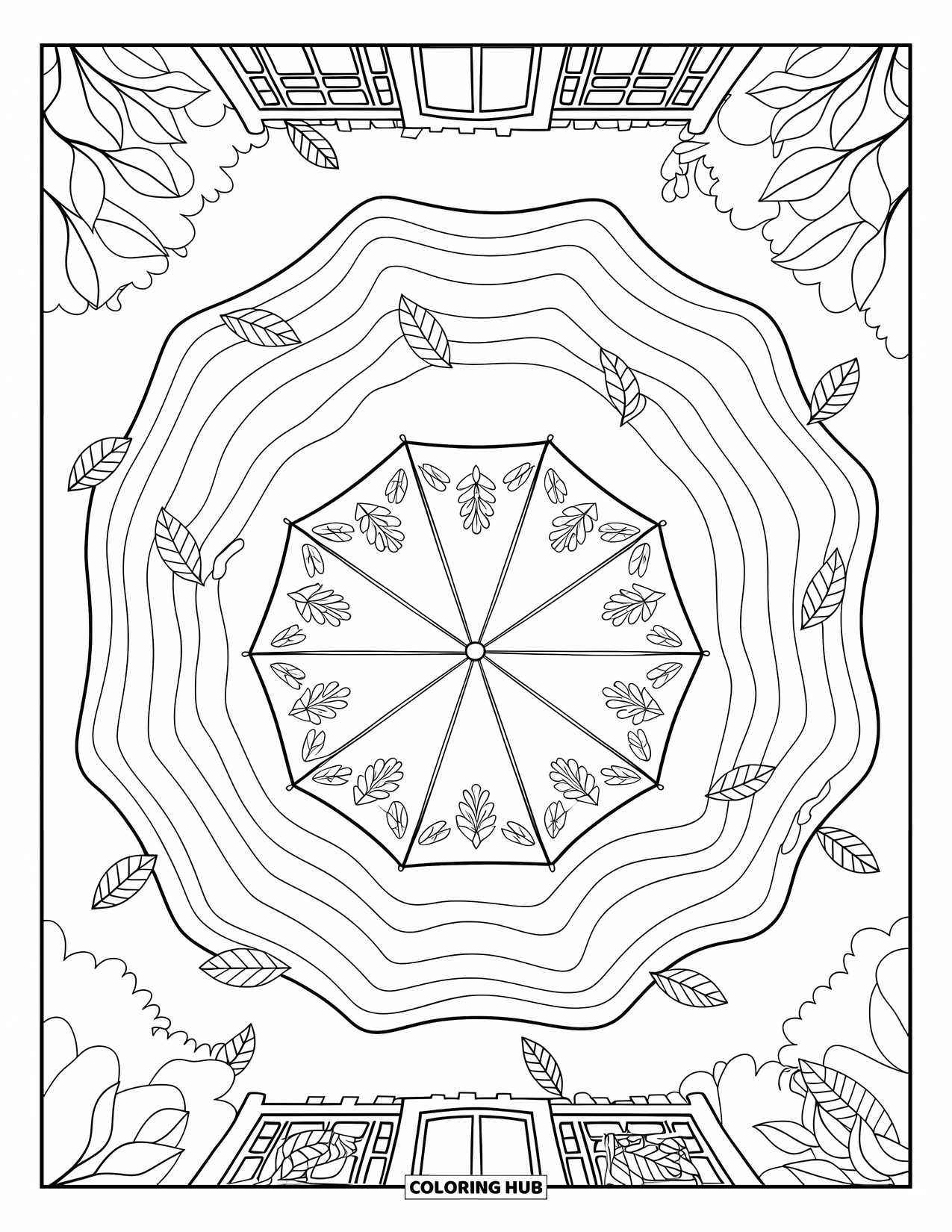Rain Coloring Page for Adults: An umbrella on a cobblestone path surrounded by puddles and leaves