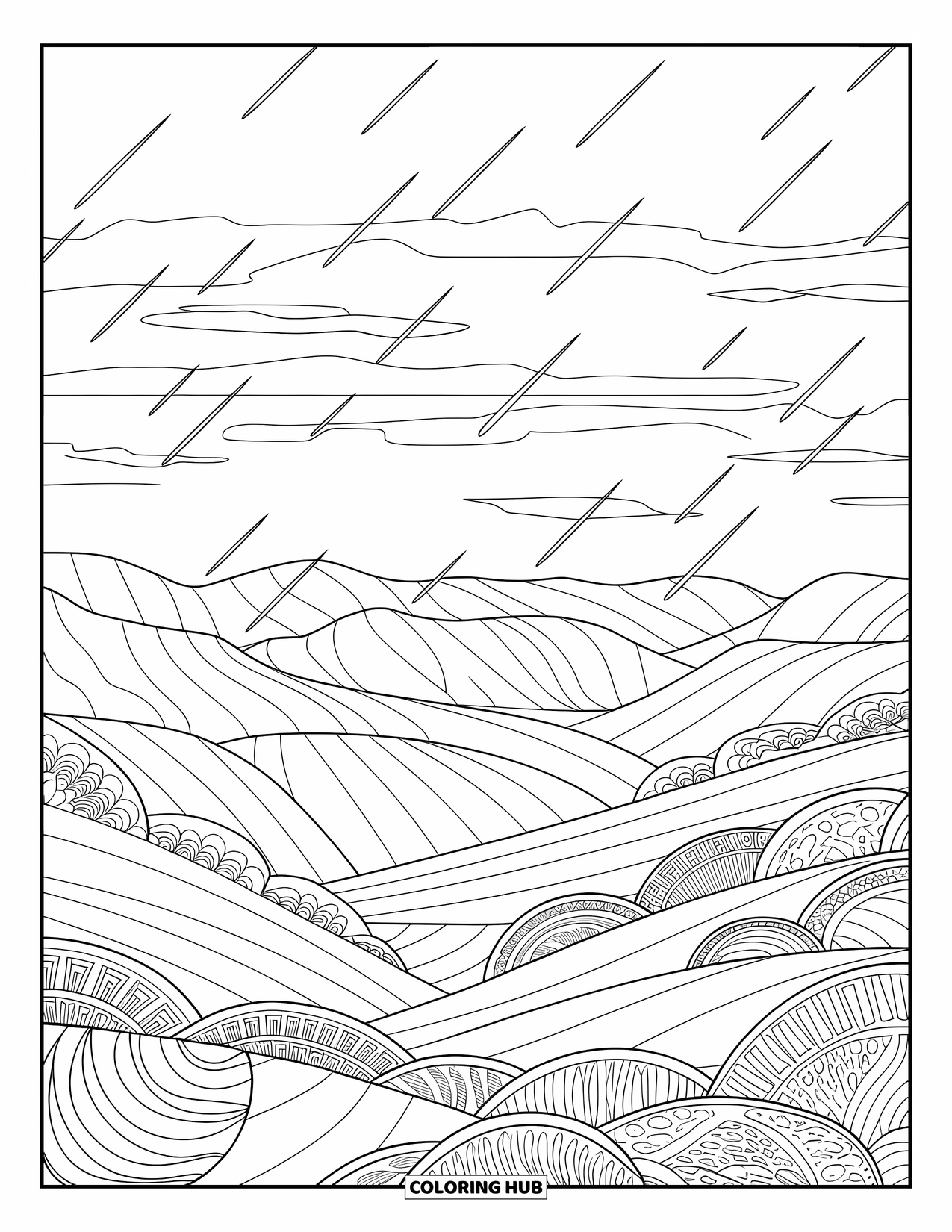 Rain Coloring Page for Adults: Rain falls over rolling hills and a winding path through a quiet village