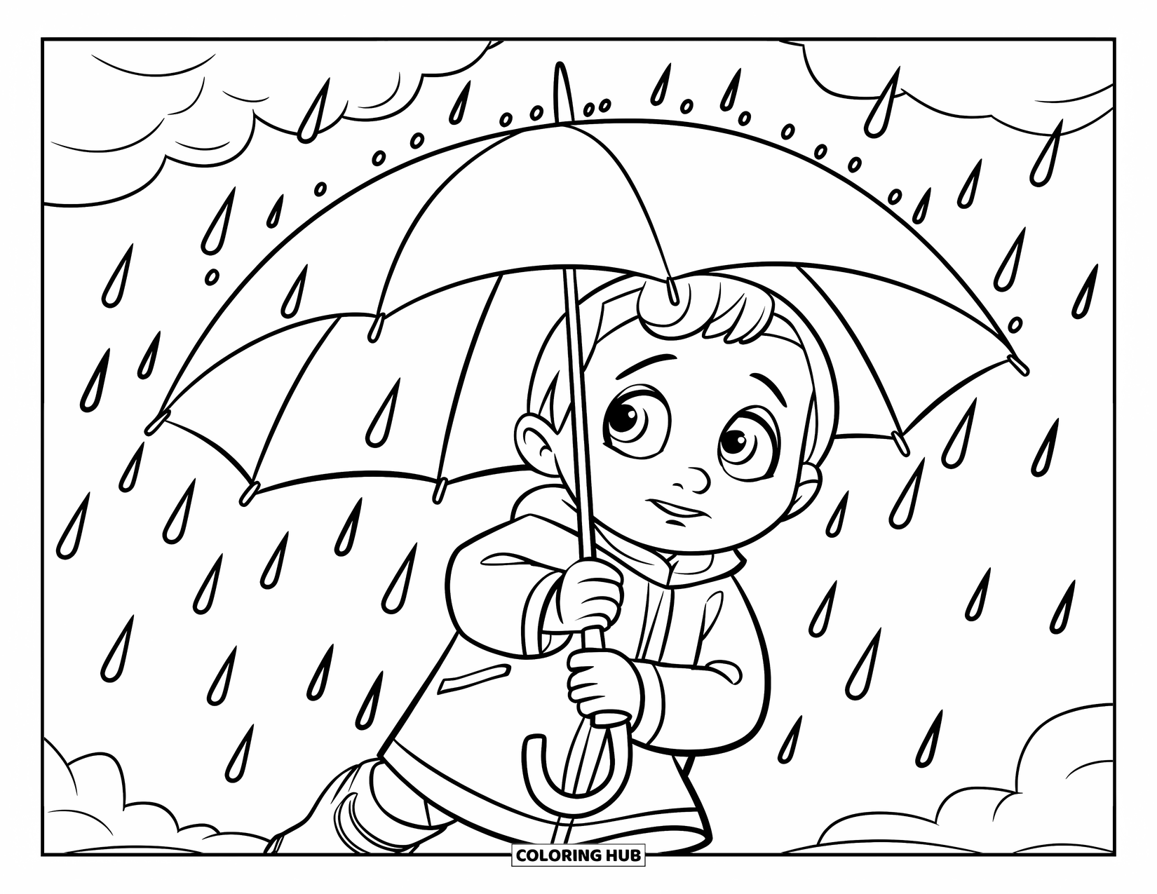 Rain Coloring Page for Kids: A child with an umbrella gazes at raindrops under a cloudy sky