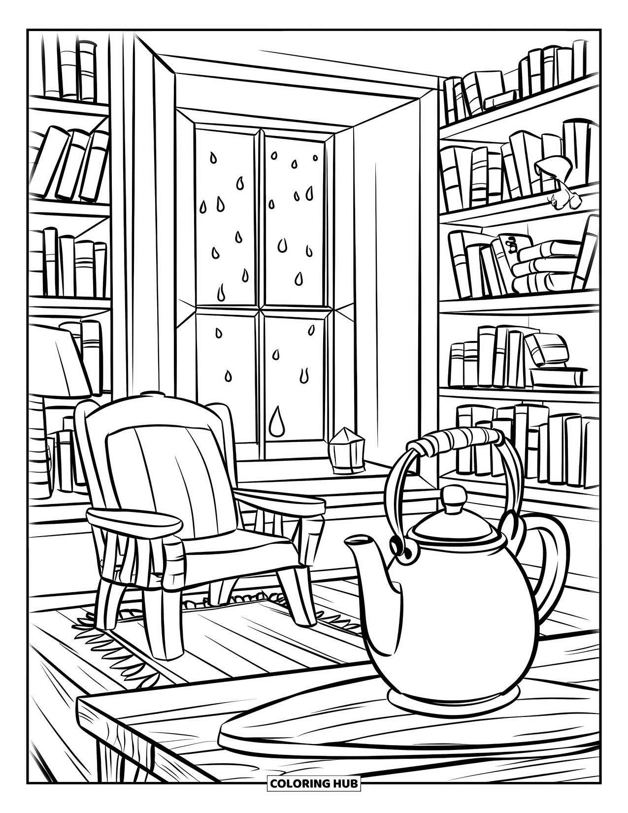 Rain Coloring Page for Kids: A cozy room with books, a teapot, and rain tapping against the window