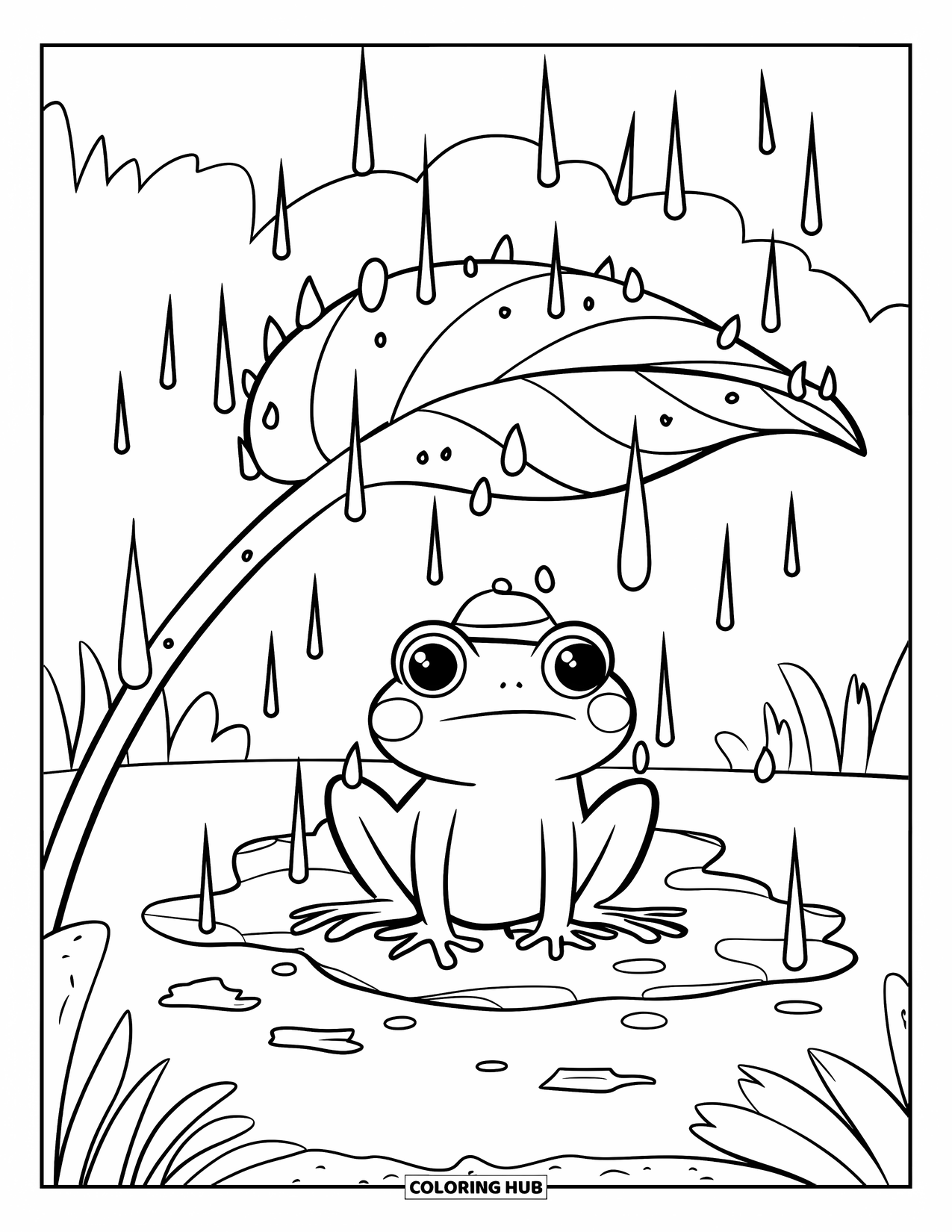 Rain Coloring Page for Kids: A cute frog wearing a tiny hat sits under a large leaf in the rain