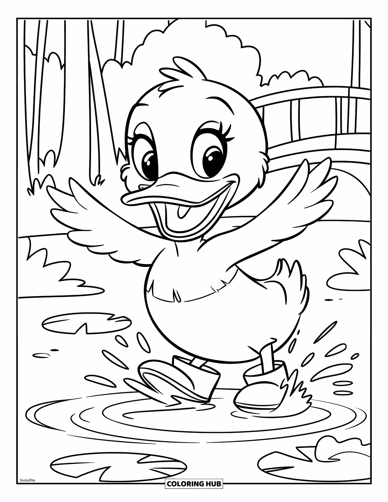 Rain Coloring Page for Kids: A friendly duck in rain boots splashes happily in a puddle