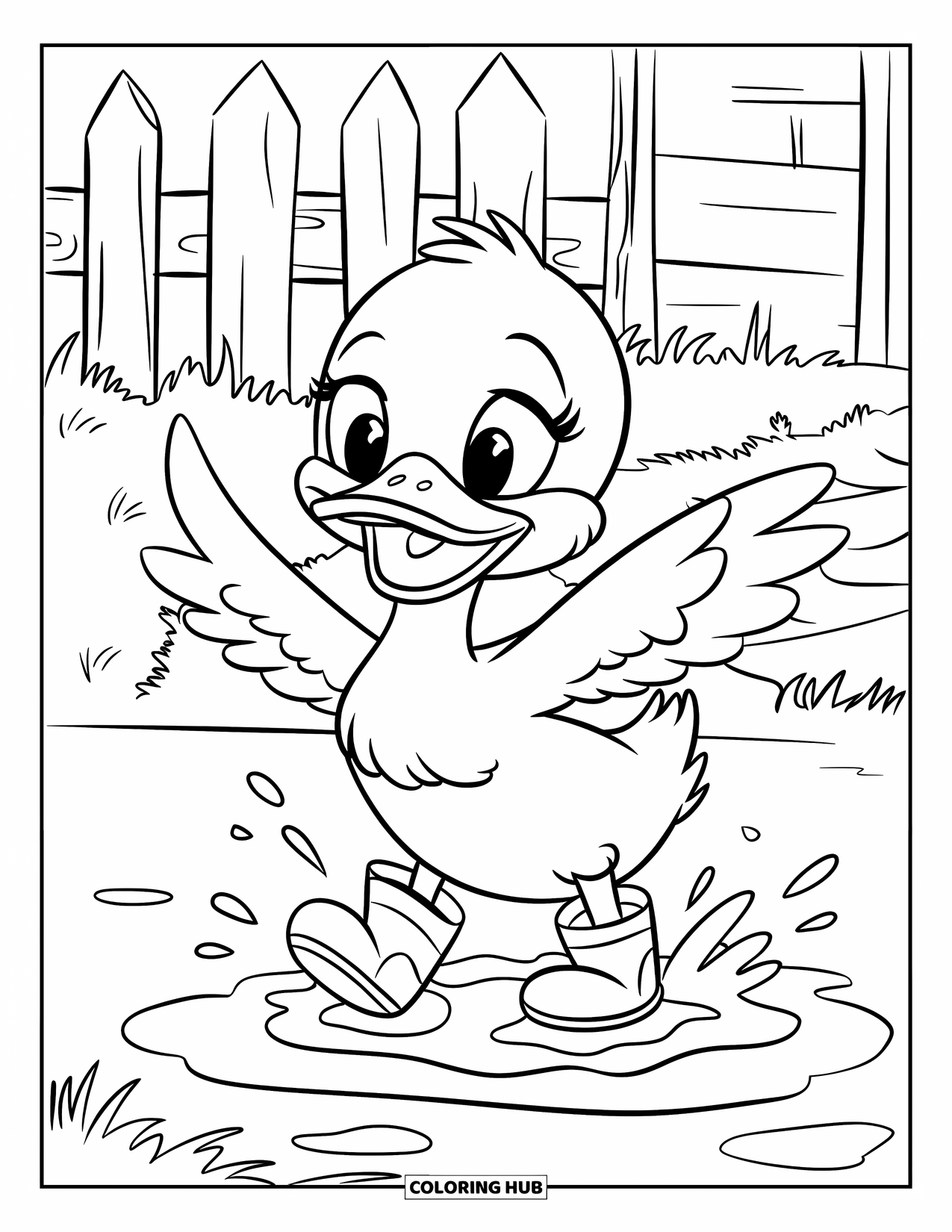 Rain Coloring Page for Kids: A happy duck in rain boots splashes in a puddle near a fence