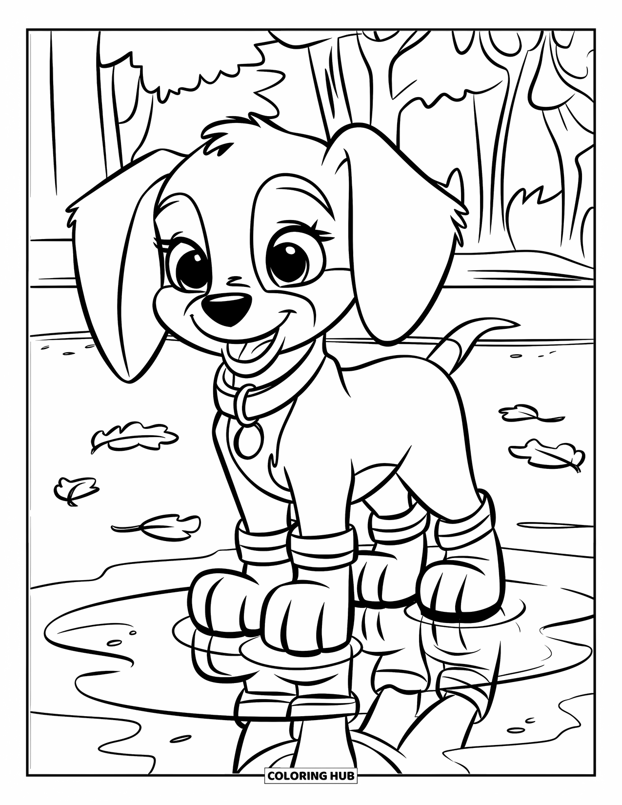 Rain Coloring Page for Kids: A puppy in boots standing beside a puddle reflecting trees and leaves