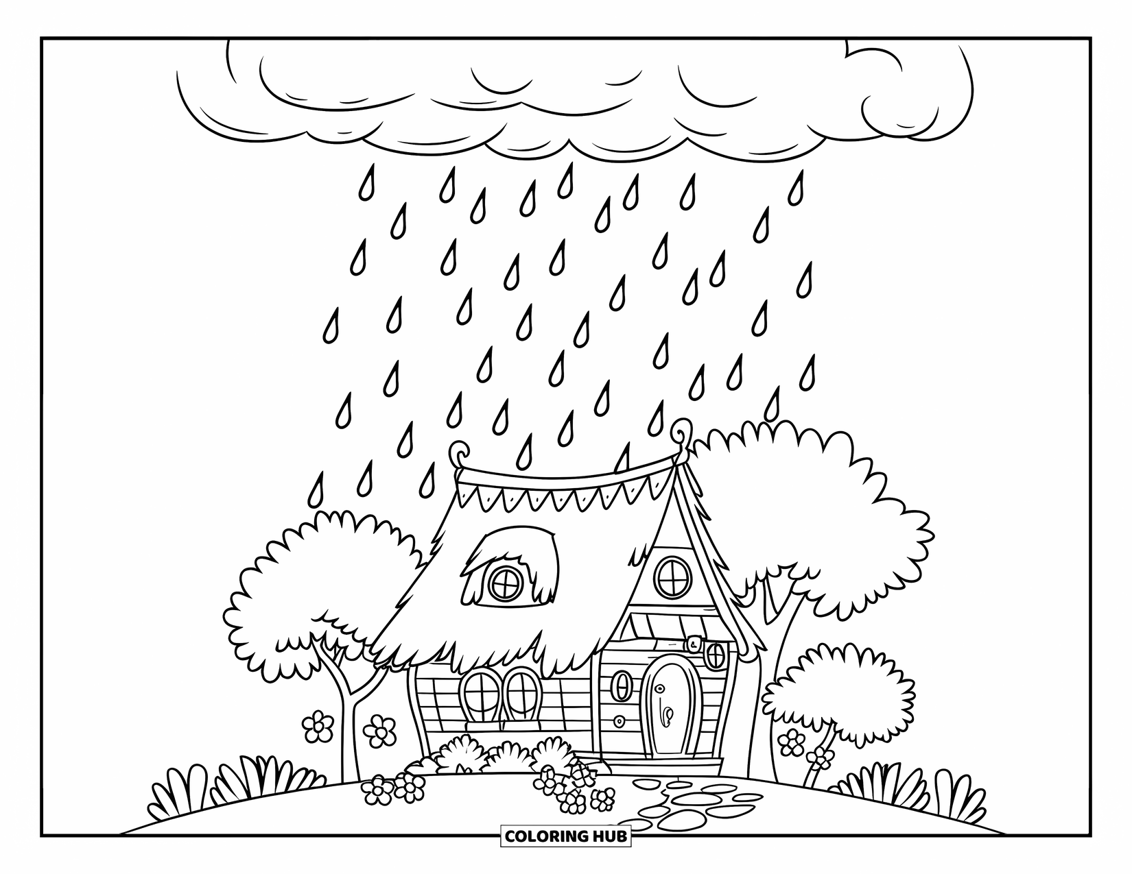 Rain Coloring Page for Kids: A small thatched house on a hill surrounded by trees and flowers