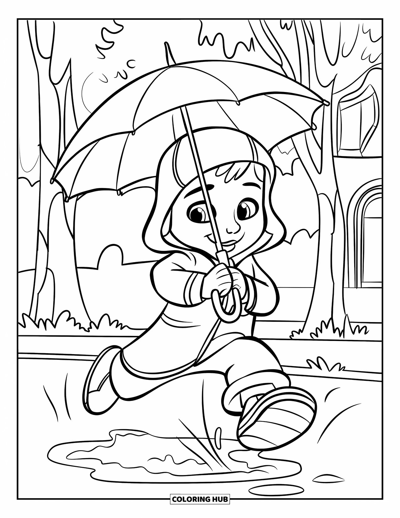 Rain Coloring Page for Kids: A smiling child in a raincoat leaps over a puddle joyfully