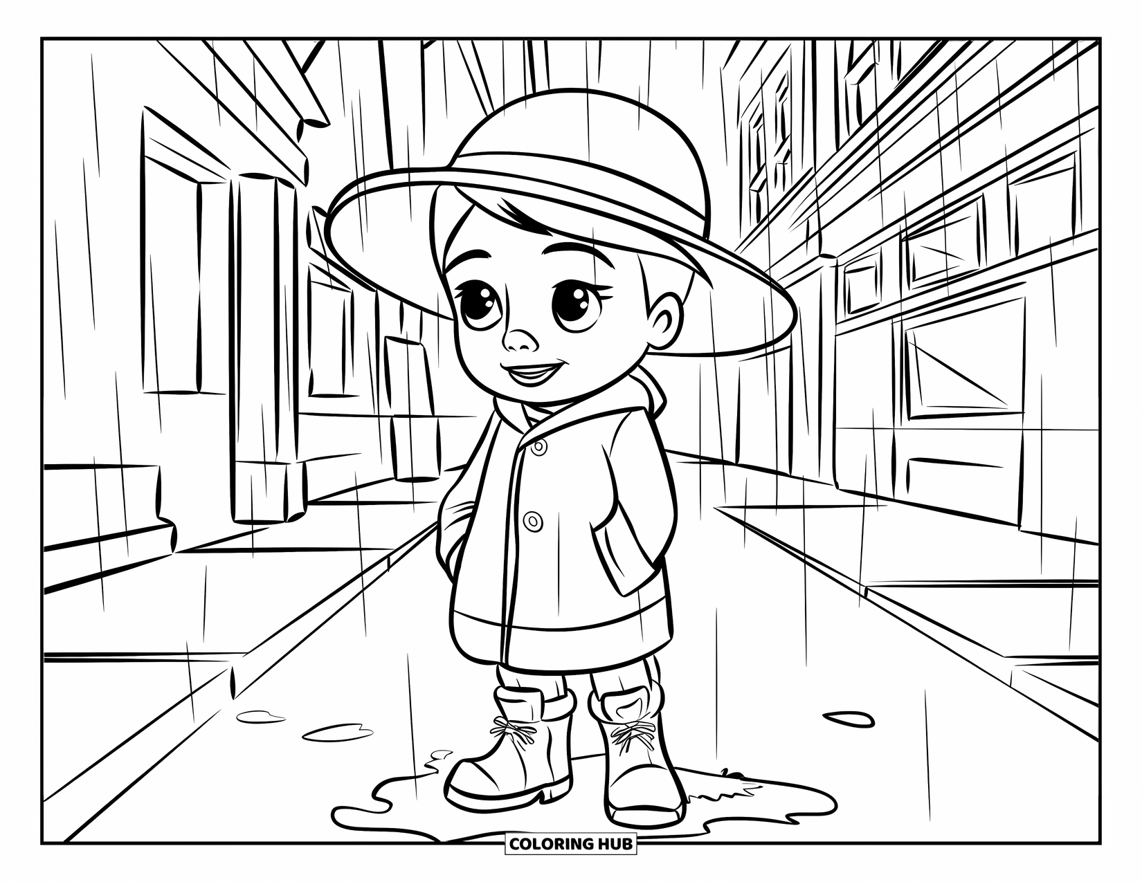 Rain Coloring Page for Kids: A smiling child with an umbrella walks through a rainy street