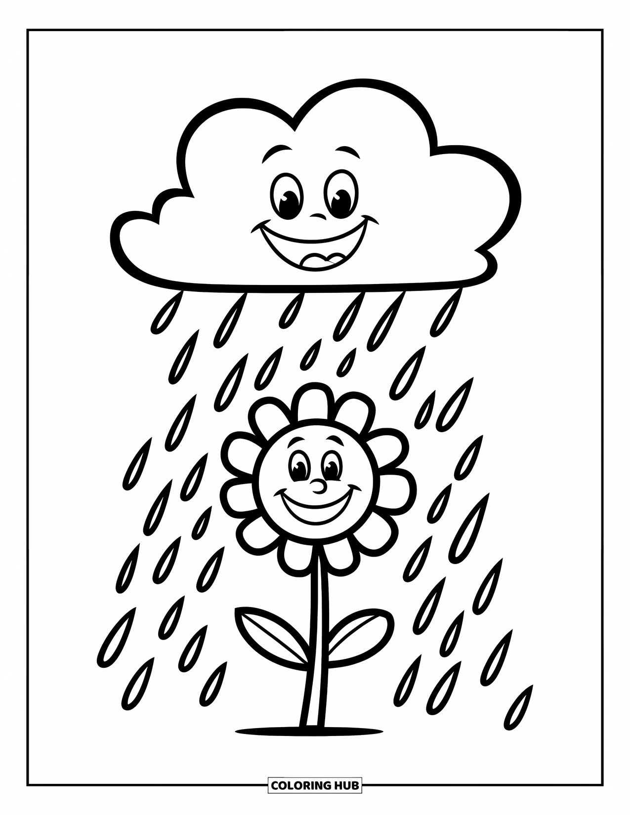 Rain Coloring Page for Kids: A smiling cloud rains softly over a tall, cheerful flower