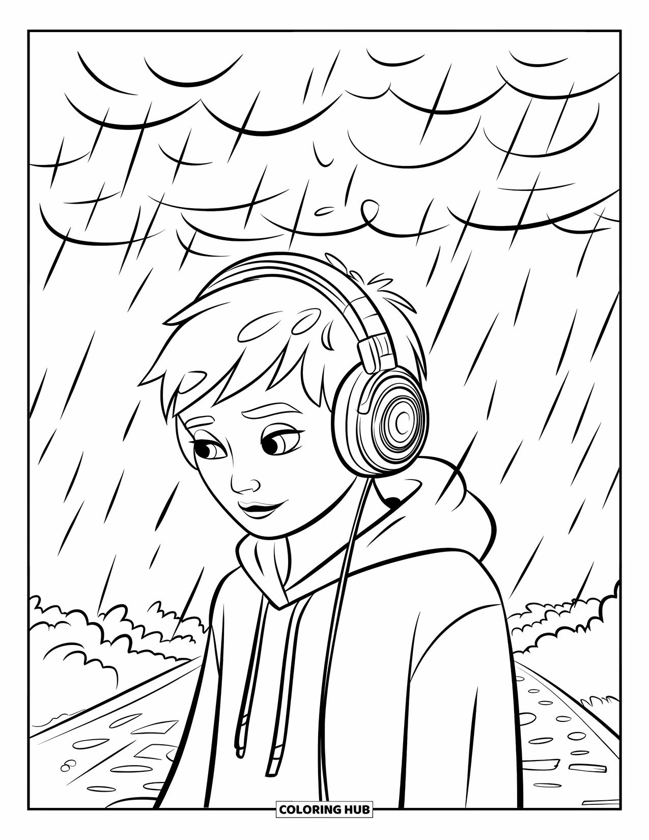Rain Coloring Page for Kids: A teen in a hoodie and headphones walks along a rainy path