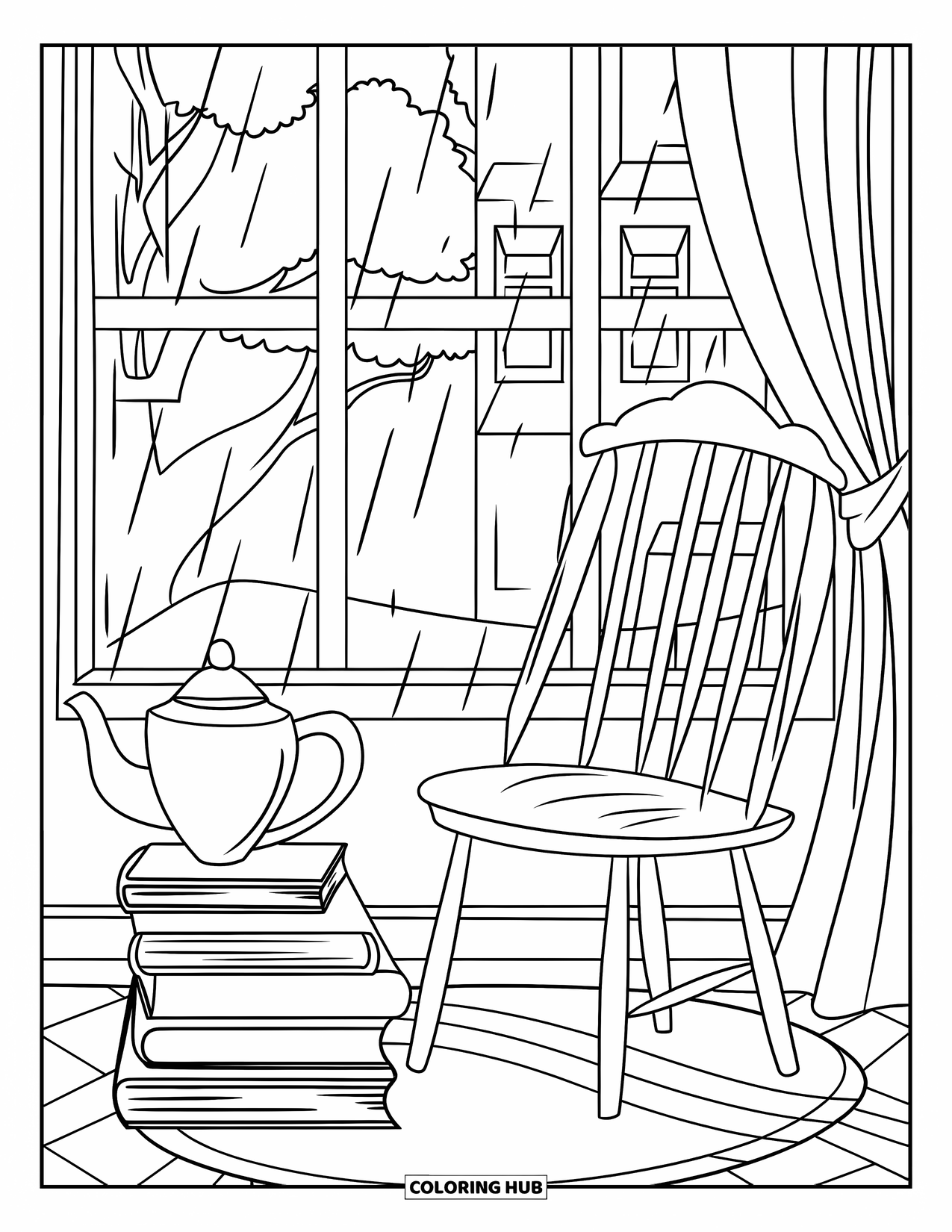 Rain Coloring Page for Kids: A warm room with books, tea, and rain outside a curtained window