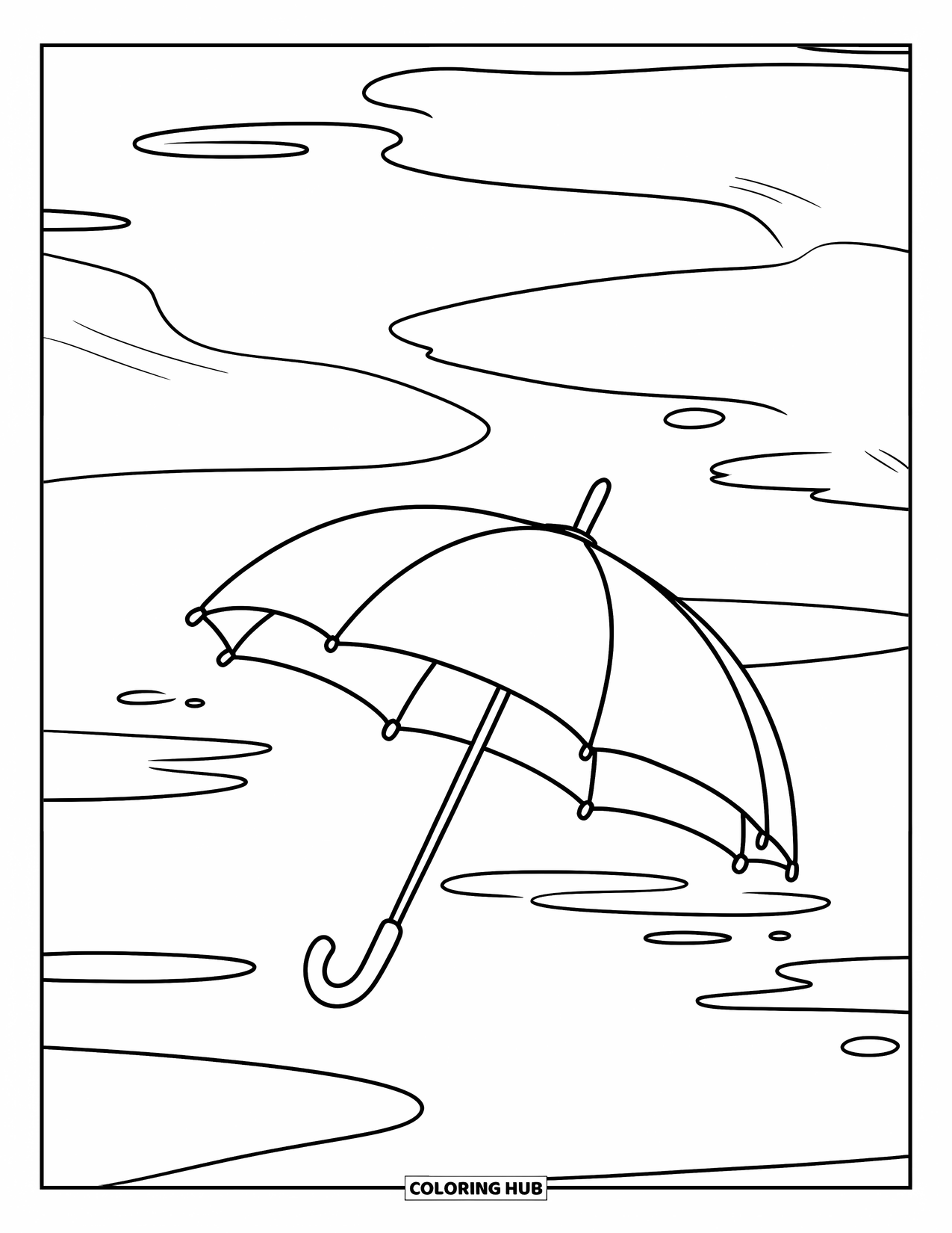 Rain Coloring Page for Kids: An umbrella open on the ground with puddles forming nearby