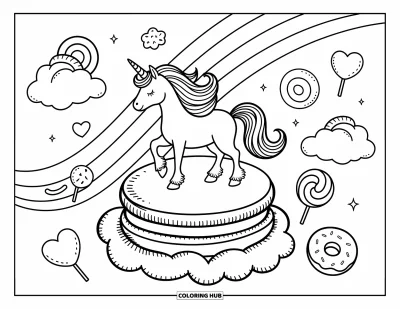 Coloriage de licorne arc-en-ciel pour adultes : Une licorne en équilibre sur un macaron pastel parmi des douceurs flottantes et des tourbillons arc-en-ciel