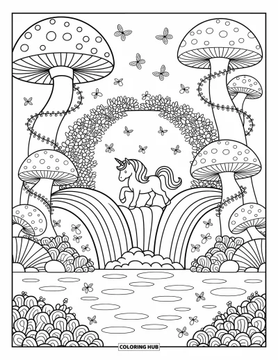 Coloriage de licorne arc-en-ciel pour adultes : Une licorne contemple un ruisseau arc-en-ciel près de champignons enchanteurs et de lianes