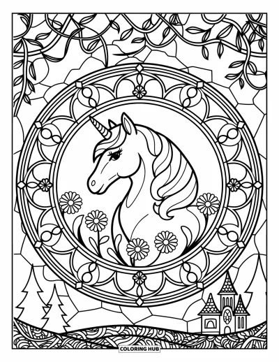 Coloriage de licorne arc-en-ciel pour adultes : Une licorne dans un cercle de vitrail fleuri avec vue sur un château