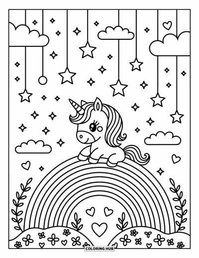 Coloriage de licorne arc-en-ciel pour adultes : Une licorne regarde par-dessus une colline arc-en-ciel sous des nuages parsemés d'étoiles scintillantes