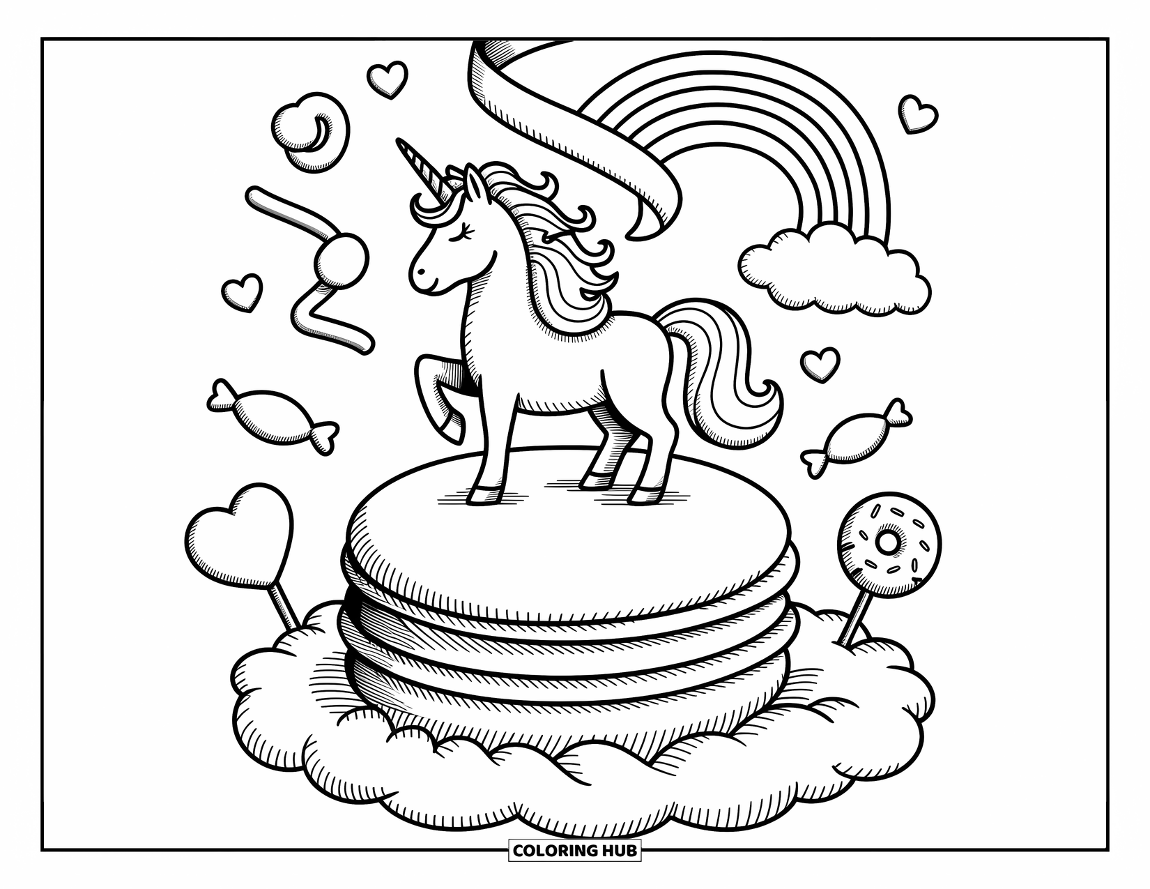 Rainbow Unicorn Coloring Page for Adults: A unicorn poses atop a macaron island surrounded by floating sweets and ribbons
