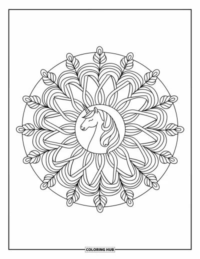 Coloriage de licorne arc-en-ciel pour adultes : Une licorne au centre d'un mandala orné de rubans arc-en-ciel