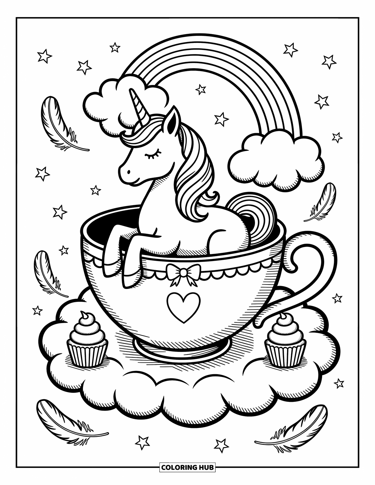 Rainbow Unicorn Coloring Page for Adults: A unicorn sits in a teacup on a cloud with rainbows and tiny cupcakes