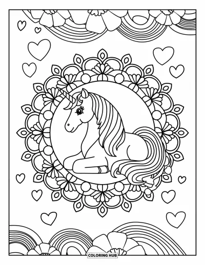 Coloriage de licorne arc-en-ciel pour adultes : Une licorne assise au centre d'un mandala détaillé entouré d'arcs-en-ciel et de cœurs