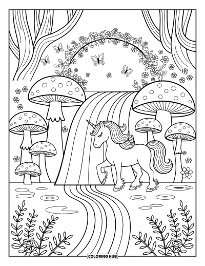 Coloriage de licorne arc-en-ciel pour adultes : Une licorne se tient près d'une cascade arc-en-ciel qui coule dans un étang paisible