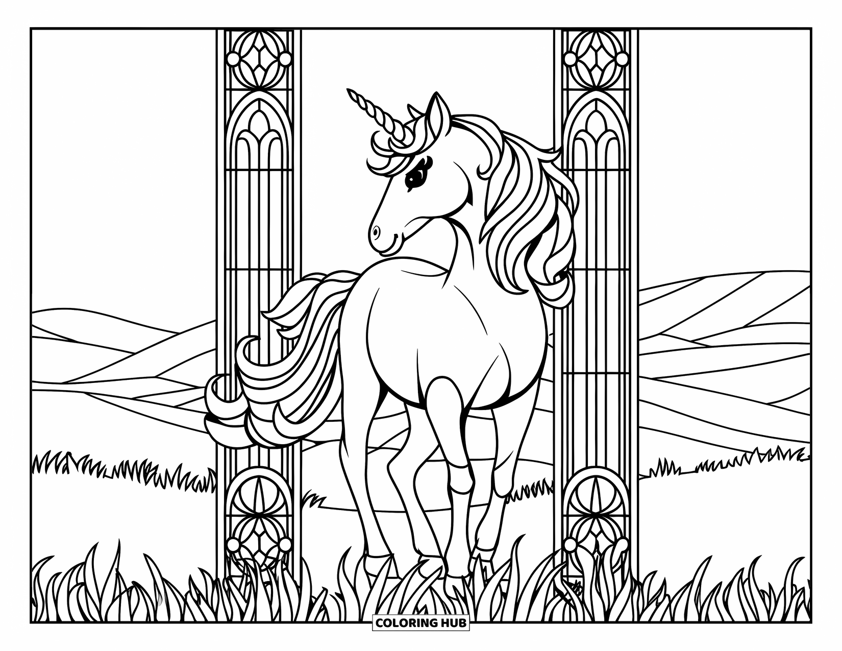 Rainbow Unicorn Coloring Page for Adults: A unicorn stands on a grassy field framed by rainbow stained glass panels