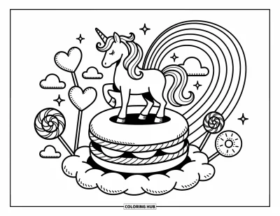 Coloriage de licorne arc-en-ciel pour adultes : Une licorne se tient fièrement sur un macaron entourée de nuages en bonbons et d'un arc-en-ciel en spirale