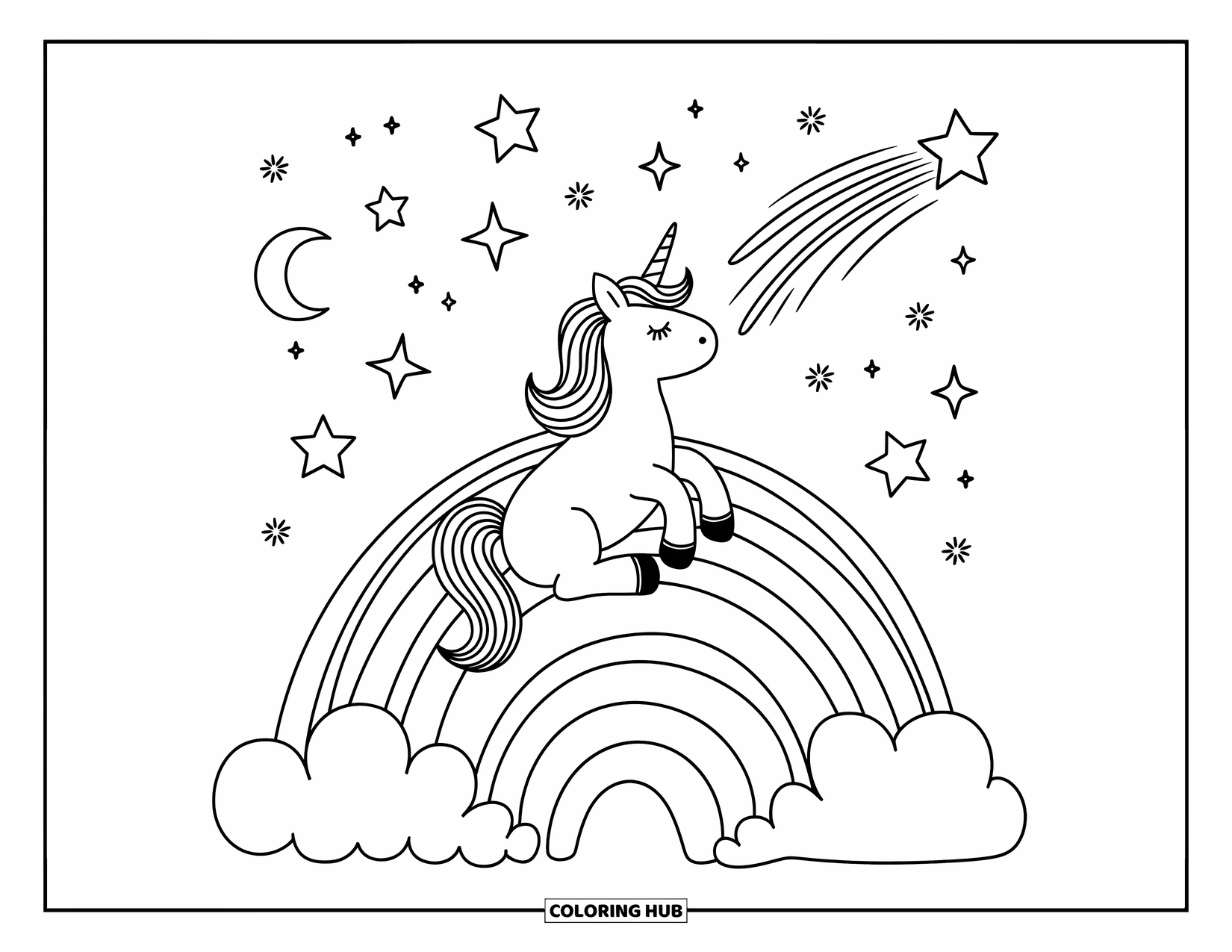 Rainbow Unicorn Coloring Page for Adults: A unicorn watches a shooting star from a hill wrapped by a gentle rainbow