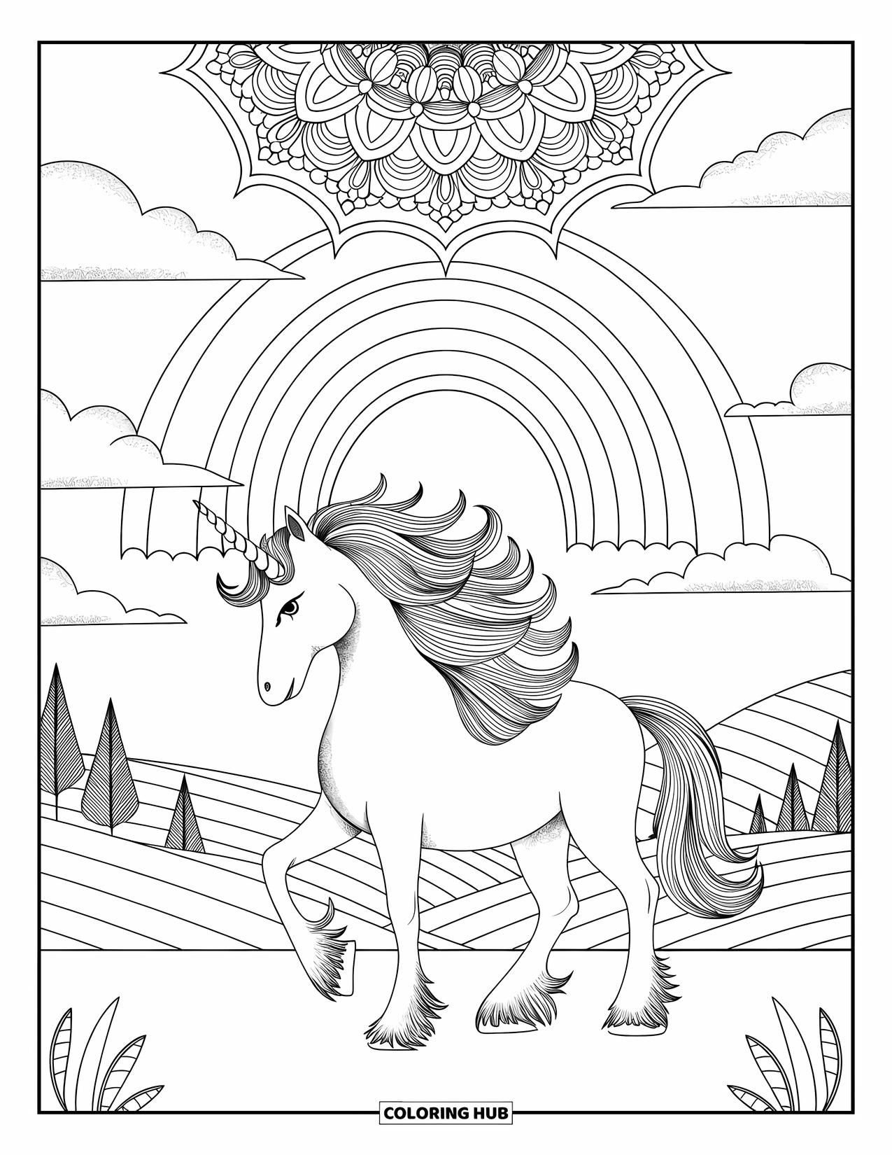 Rainbow Unicorn Coloring Page for Adults: A unicorn with a rainbow mane stands under a dome of patterned rainbows