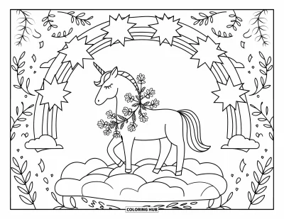 Coloriage de licorne arc-en-ciel pour adultes : Une licorne aux lianes fleuries debout sur un nuage entouré d'éclats arc-en-ciel