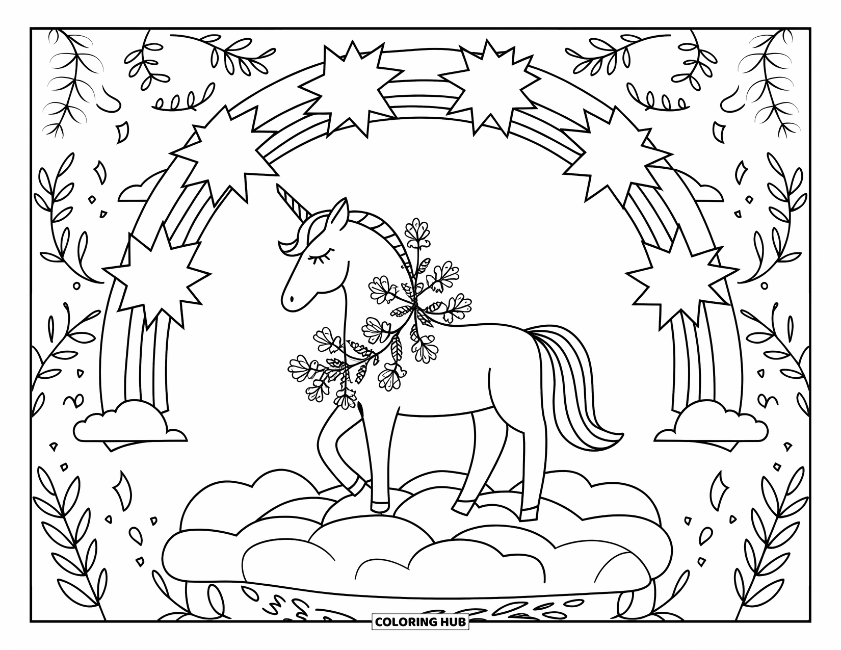 Rainbow Unicorn Coloring Page for Adults: A unicorn with floral vines stands on a cloud surrounded by rainbow bursts