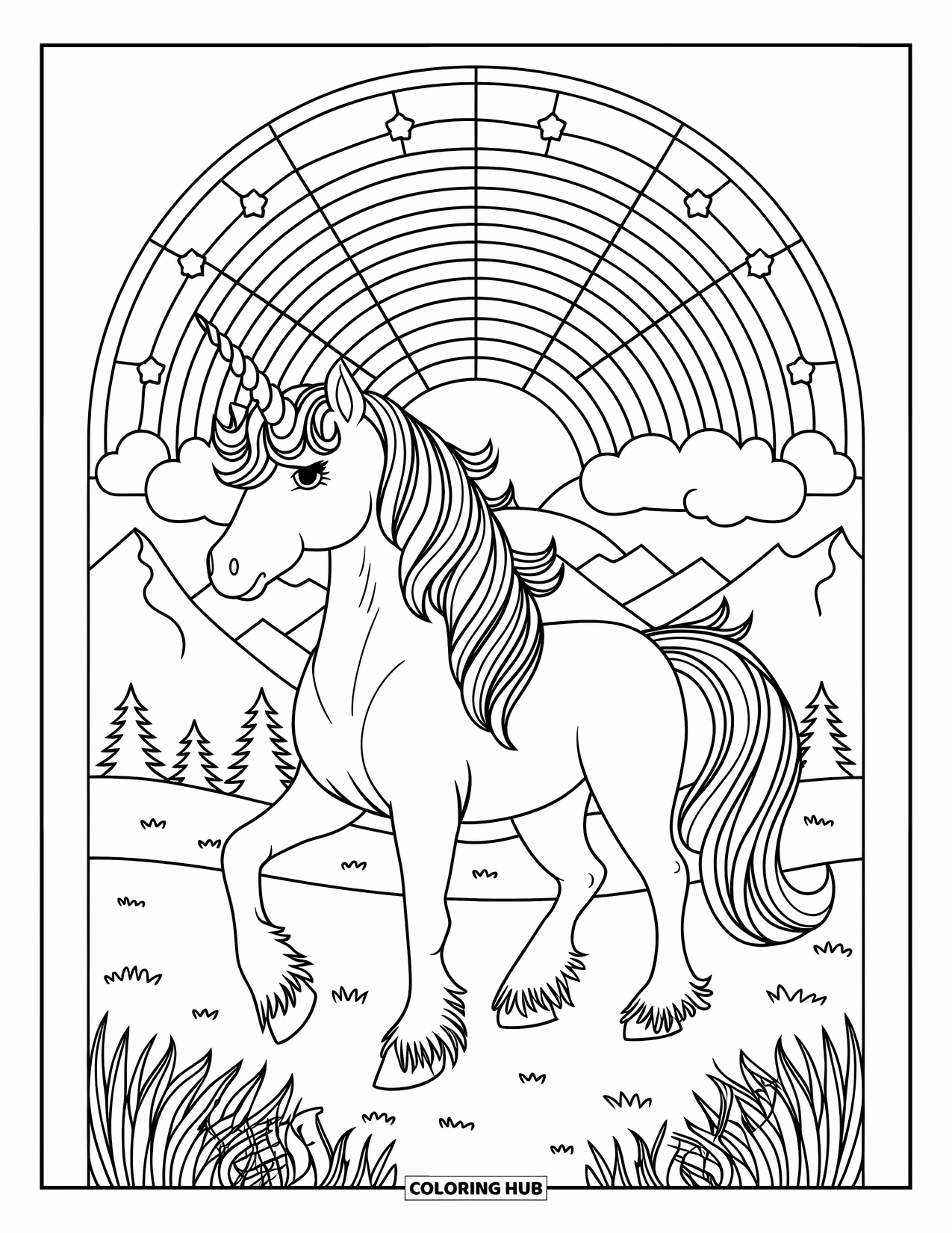 Rainbow Unicorn Coloring Page for Adults: A unicorn with rainbow hair stands beneath a rainbow arch and clear sky