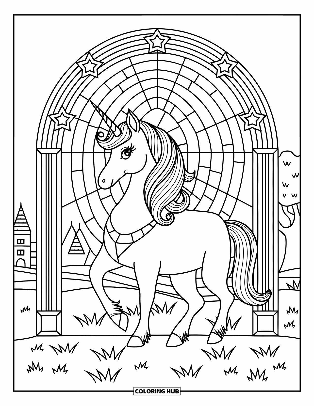 Rainbow Unicorn Coloring Page for Adults: A unicorn with rainbow mane and stars stands under a stained glass arch