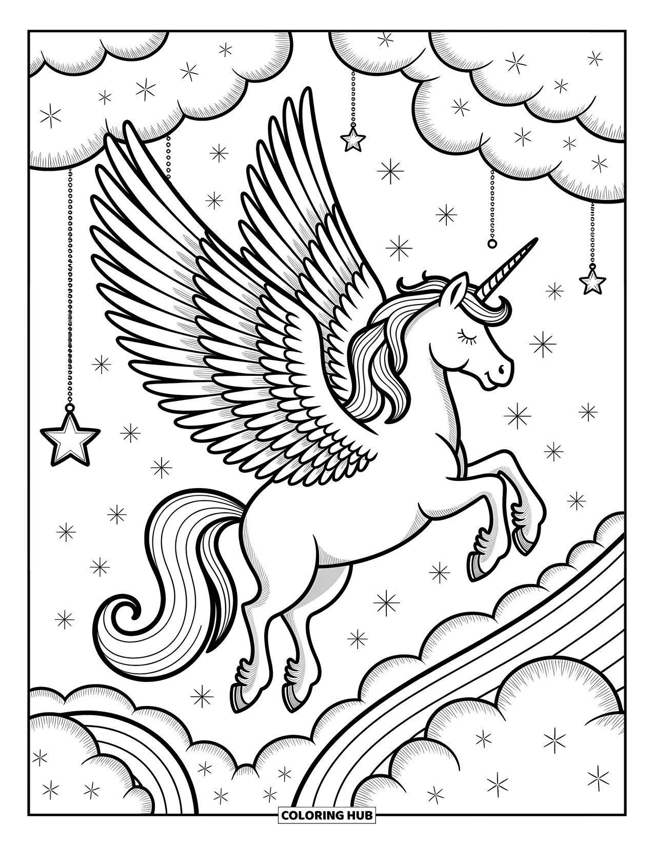 Rainbow Unicorn Coloring Page for Adults: A winged unicorn soars through fluffy clouds with a rainbow trailing behind