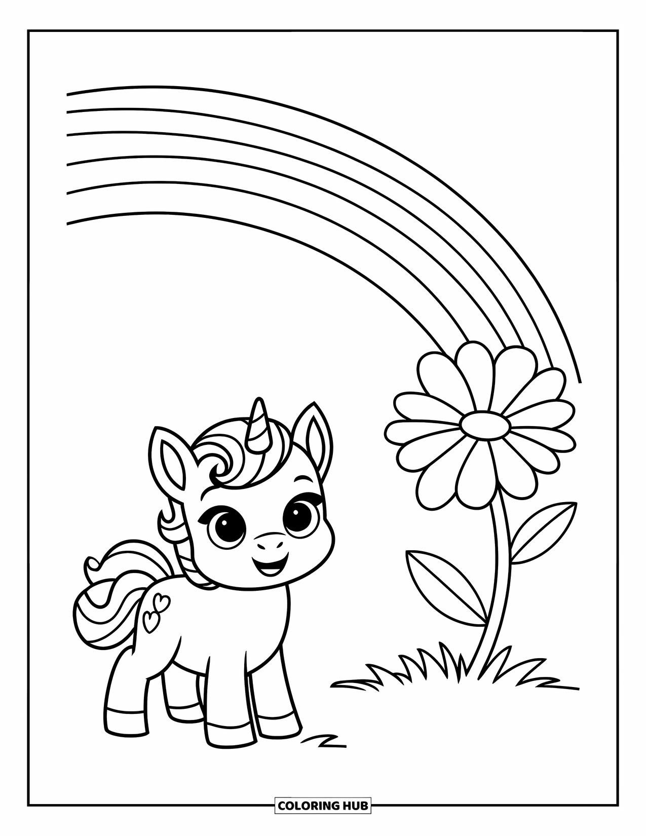 Rainbow Unicorn Coloring Page for Kids: A baby unicorn with heart-shaped hair stands under a bright rainbow