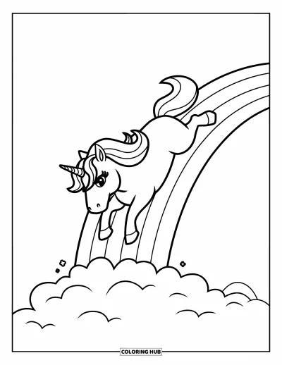 Coloriage de licorne arc-en-ciel pour enfants : Une licorne couronnée glisse joyeusement le long d'un arc-en-ciel coloré