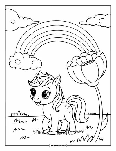 Coloriage de licorne arc-en-ciel pour enfants : Un bébé licorne tout doux se tient près d'un arc-en-ciel et d'une grande fleur