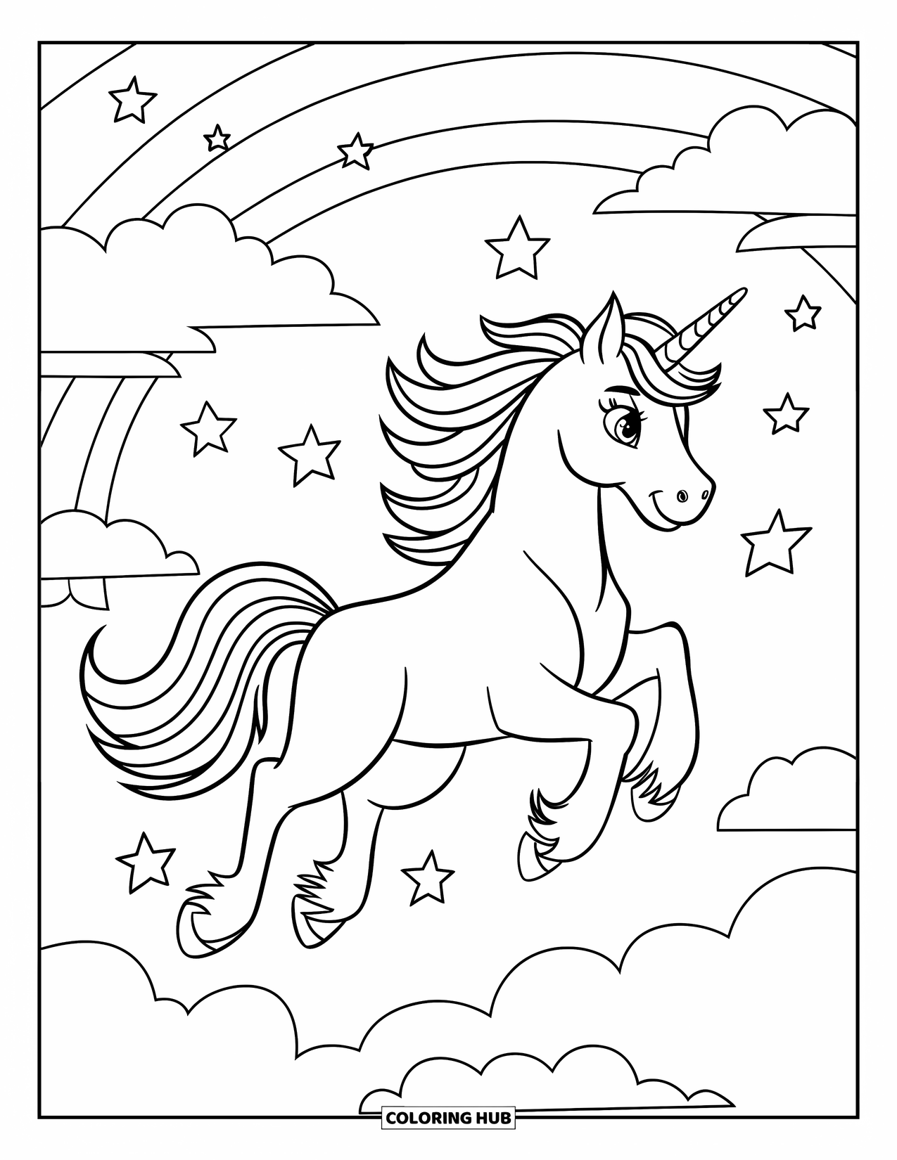 Rainbow Unicorn Coloring Page for Kids: A rainbow-maned unicorn flies through a starlit sky of clouds