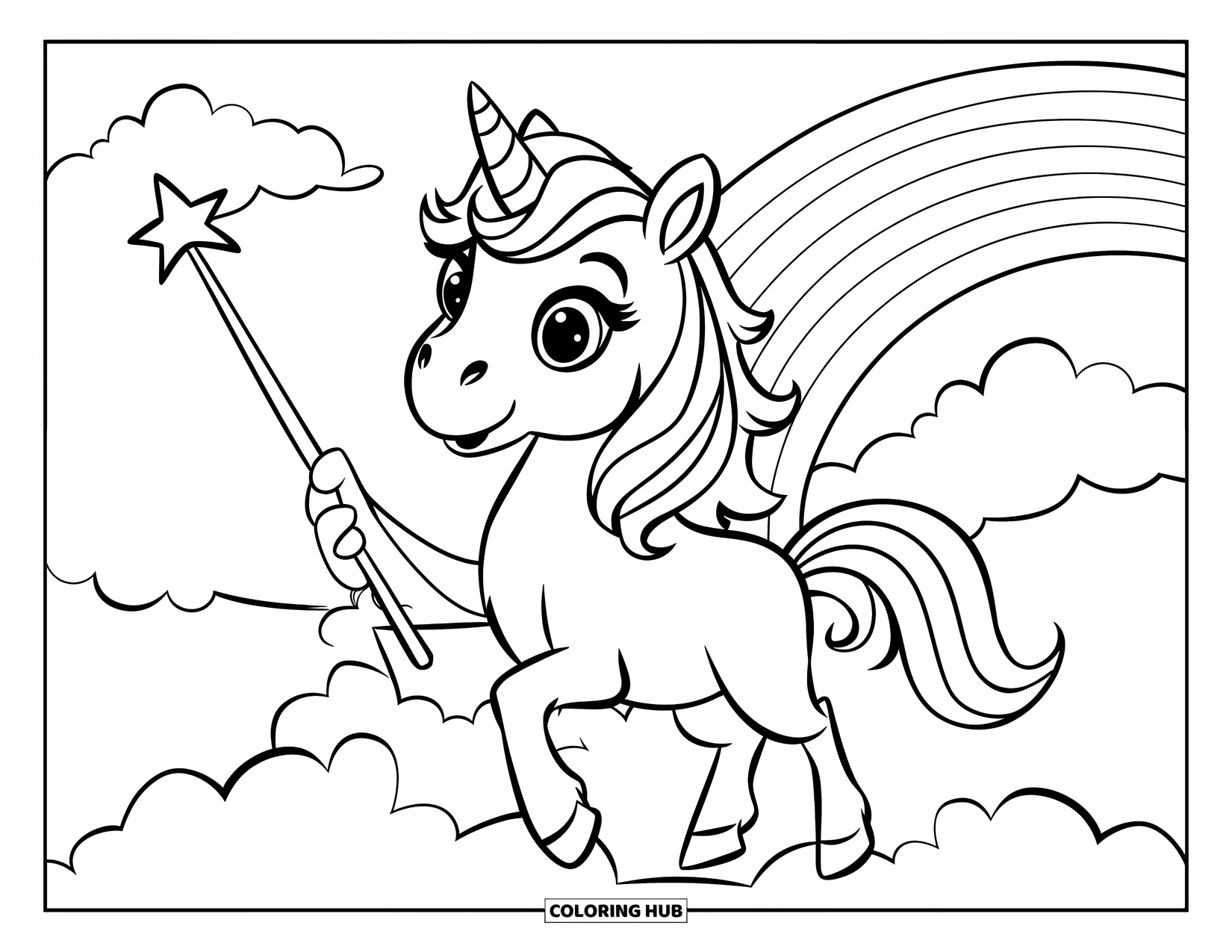 Rainbow Unicorn Coloring Page for Kids: A smiling unicorn stands on a cloud holding a rainbow wand