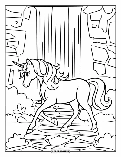 Coloriage de licorne arc-en-ciel pour enfants : Une licorne traverse un chemin de cascade arc-en-ciel avec une corne en forme de cœur