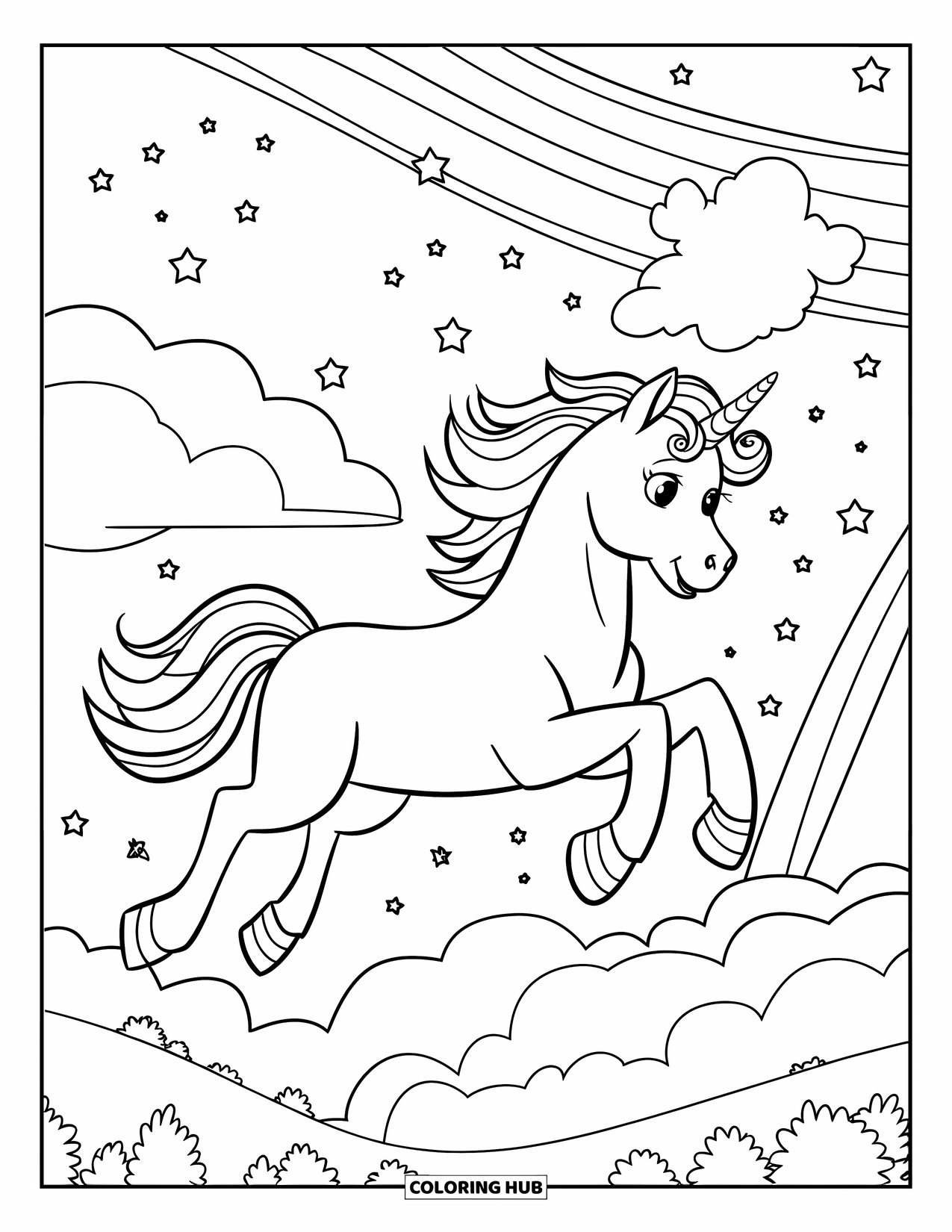 Rainbow Unicorn Coloring Page for Kids: A unicorn flies high through a rainbow sky of stars and dreams