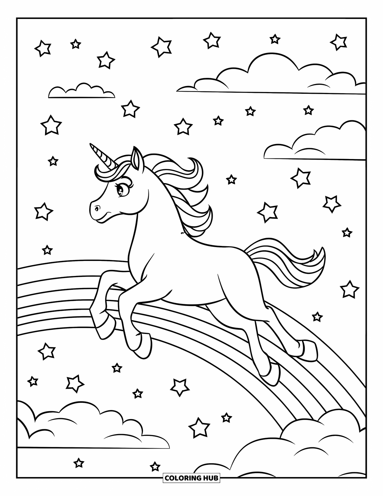 Rainbow Unicorn Coloring Page for Kids: A unicorn flies through a rainbow sky filled with stars and clouds