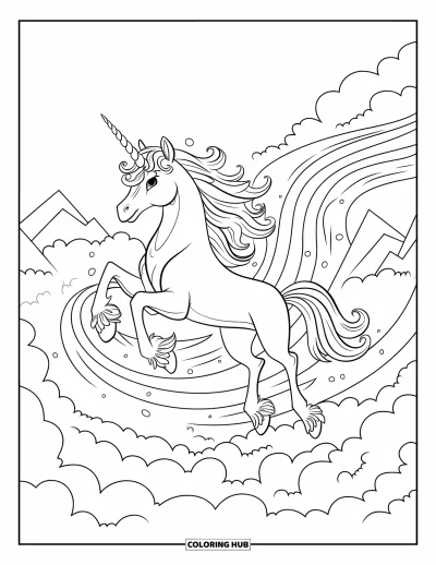 Coloriage de licorne arc-en-ciel pour enfants : Une licorne vole dans une brume arc-en-ciel colorée près de montagnes